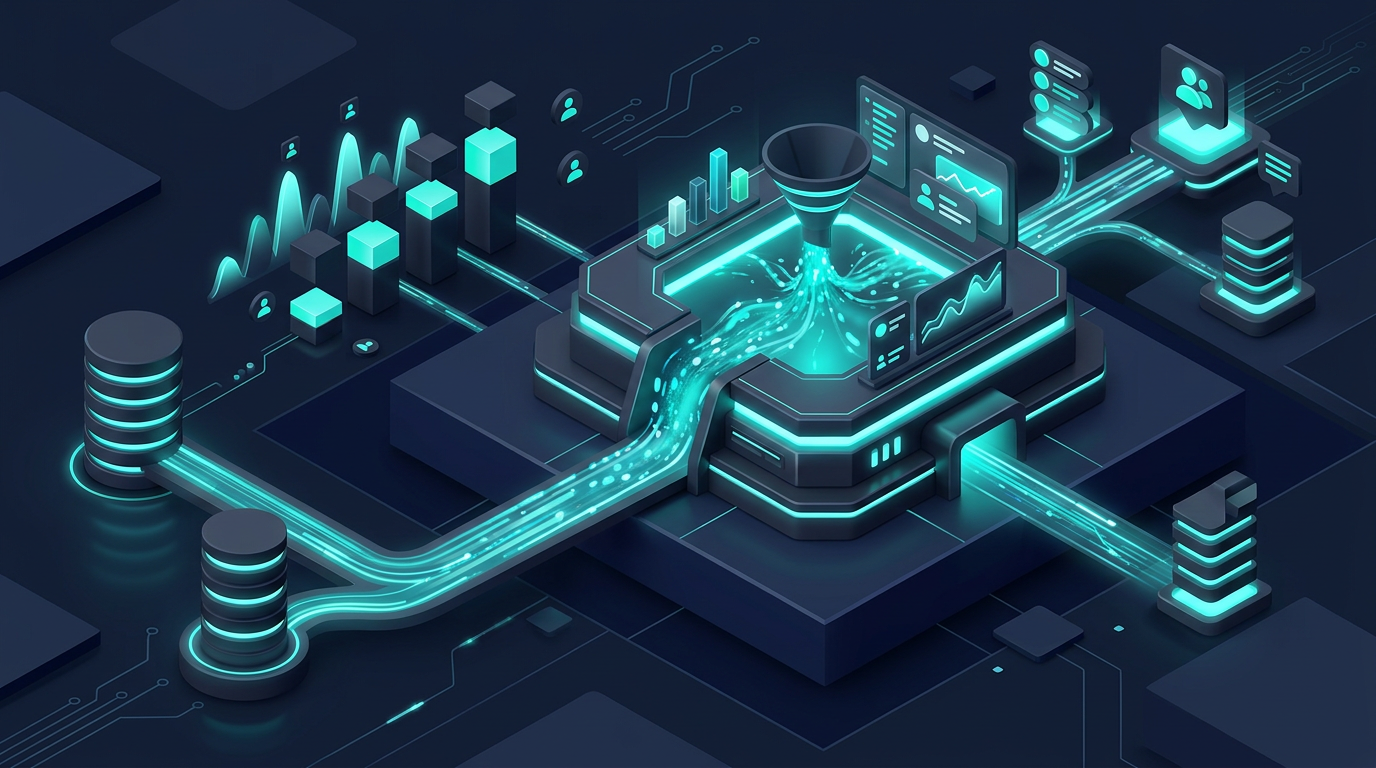 איור של אנליטיקת CRM מאוחדת, צינורות עבודה ונתוני עסקים מרכזיים